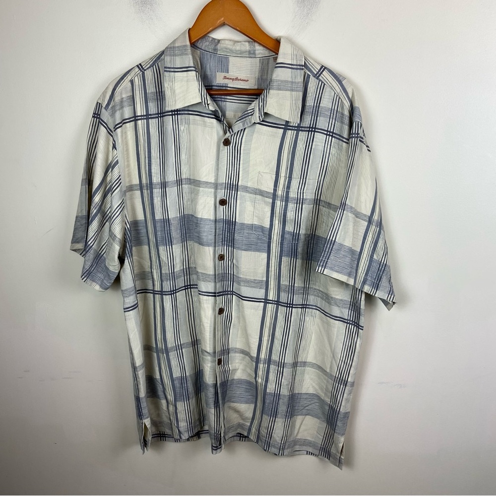 Tommy Bahama Cream Grey 100% Silk Wood Button Men’s Shirt Top XL Beach Vacation‎
